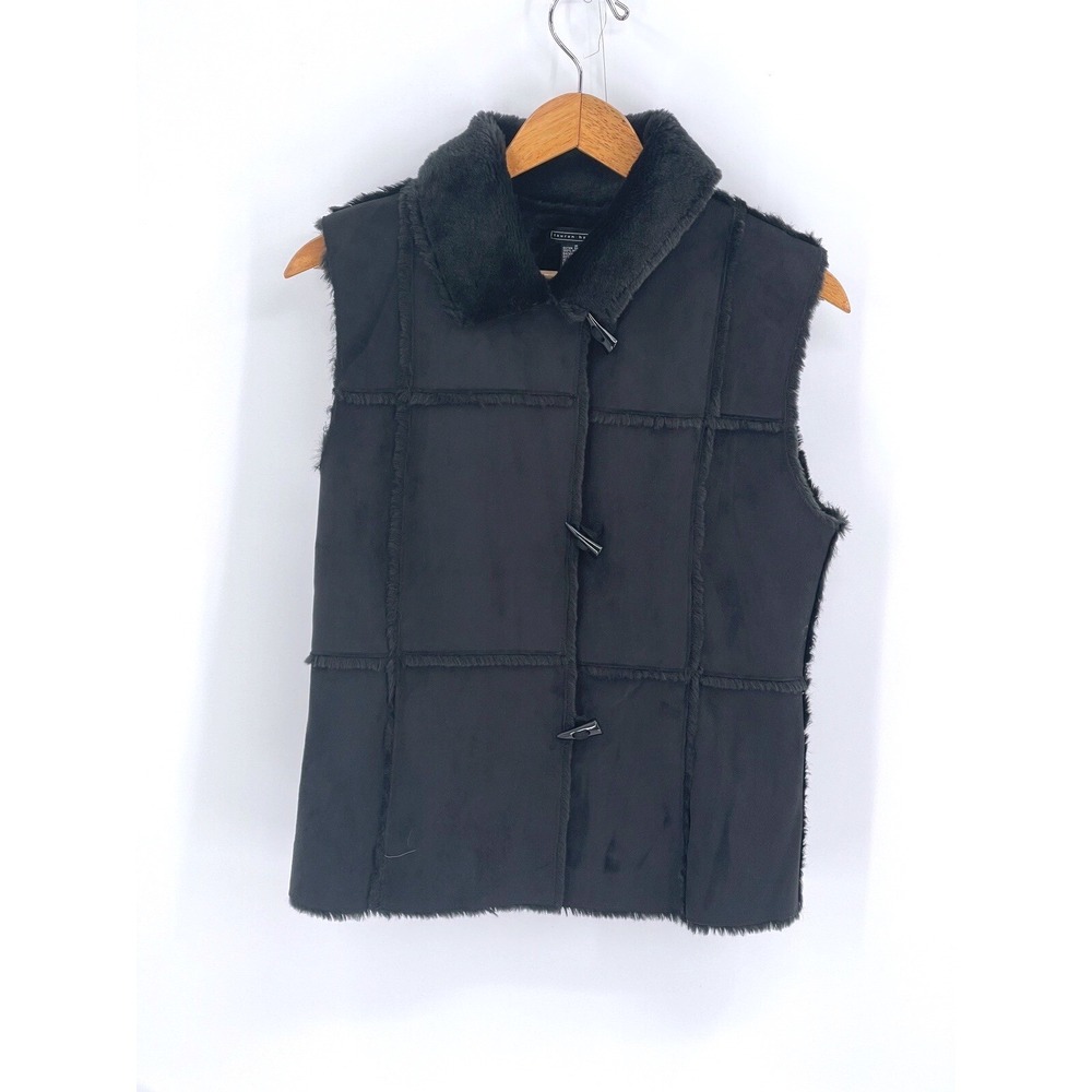 Lauren Hansen Vest Faux Fur Faux Suede Women Size Medium Black Toggle Button